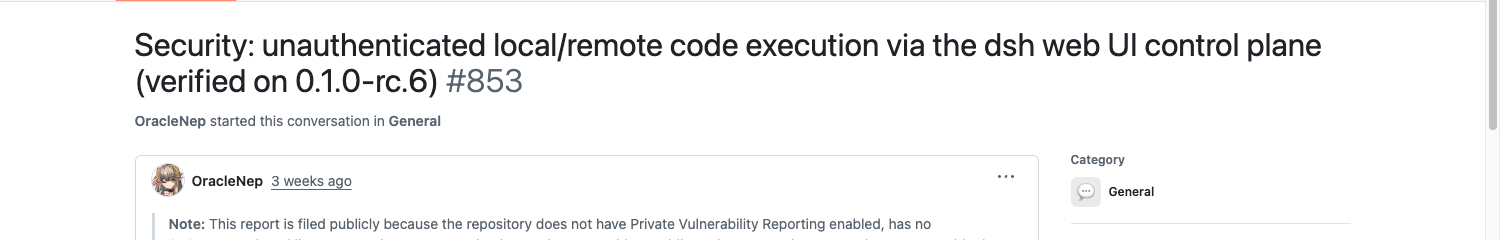 GitHub Discussion #853 — Security: unauthenticated local/remote code execution via the dsh web UI control plane
